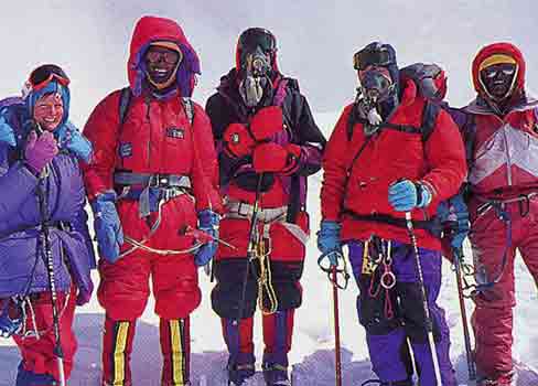 
Jan Arnold, Norbu Sherpa, Doug Mantle, Len Harvey, Ang Dorje Sherpa On Cho Oyu Summit September 26 1995 on an Adventure Consultants expedtion - Hall and Ball book
